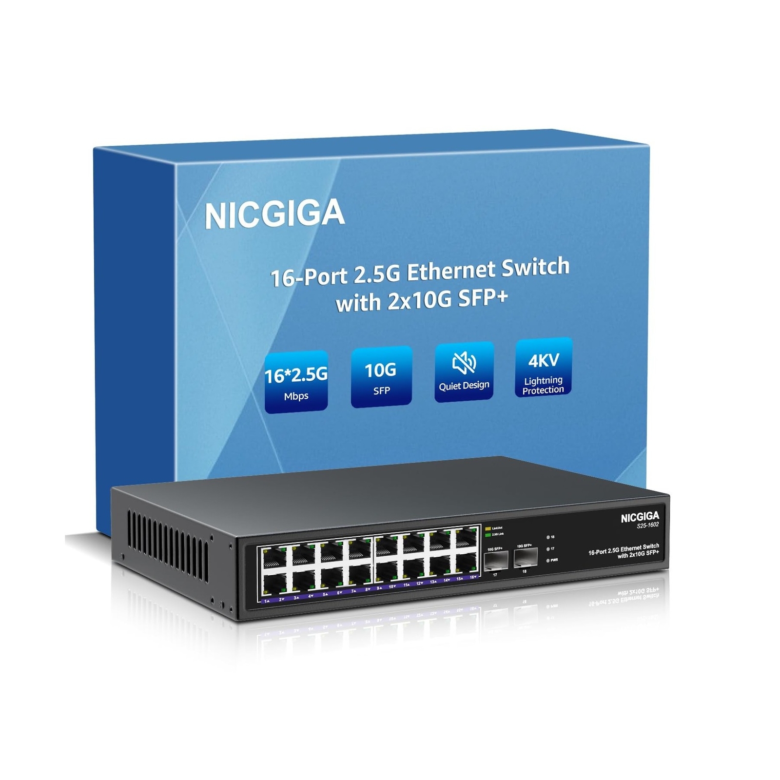 16 Port 2.5G ➕ 2 Port 10G SFP+ Ethernet Switch, NICGIGA 18 Port 2.5Gb Net