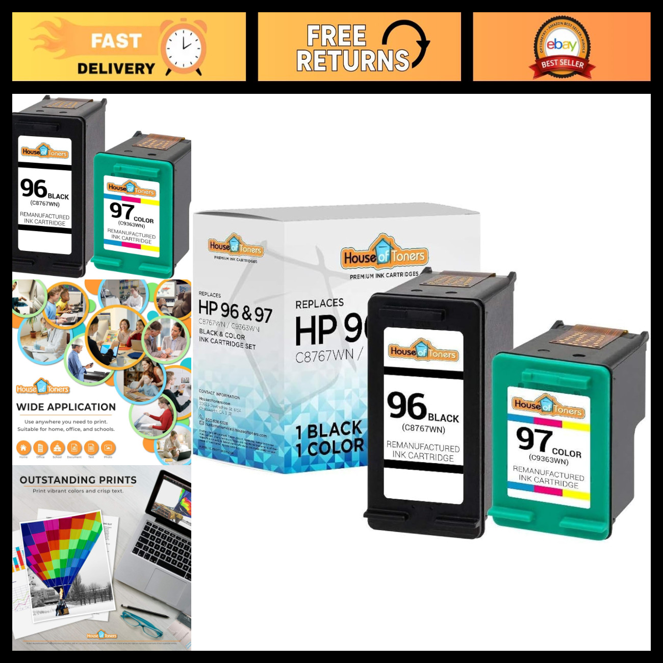 High Yield Ink Cartridges Replacement for HP 96 & 97 - 2 Pack (1 Black, 1 Color)