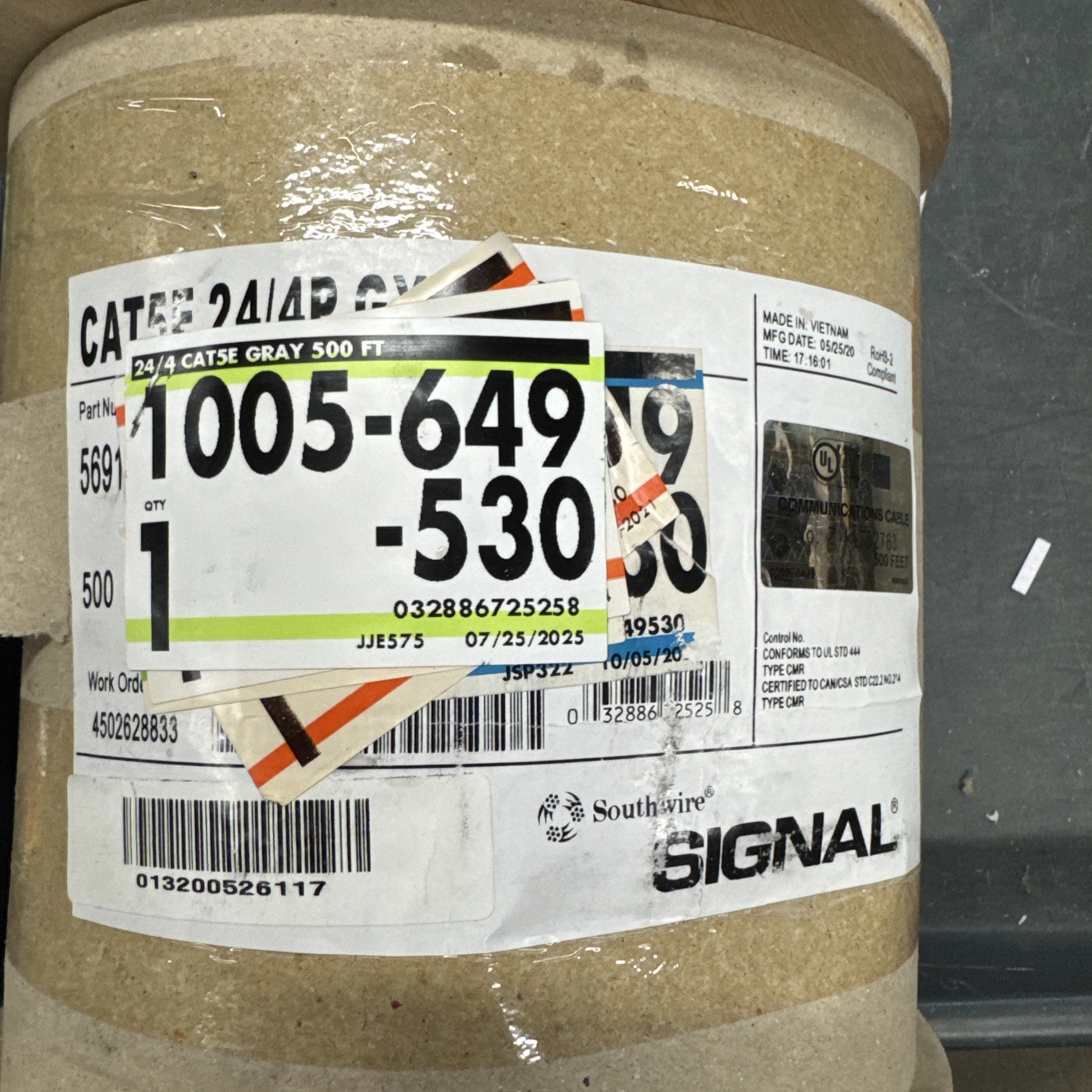 500 ft. South wire SIGNAL Gray 24/4P Solid CU CAT5e CMR (Riser) Data Cable New