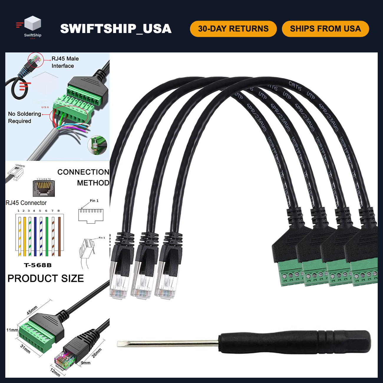 4Pcs 1ft RJ45 Male to 8Pin Screw Terminal Adapter Cable - Ethernet Extender Conn