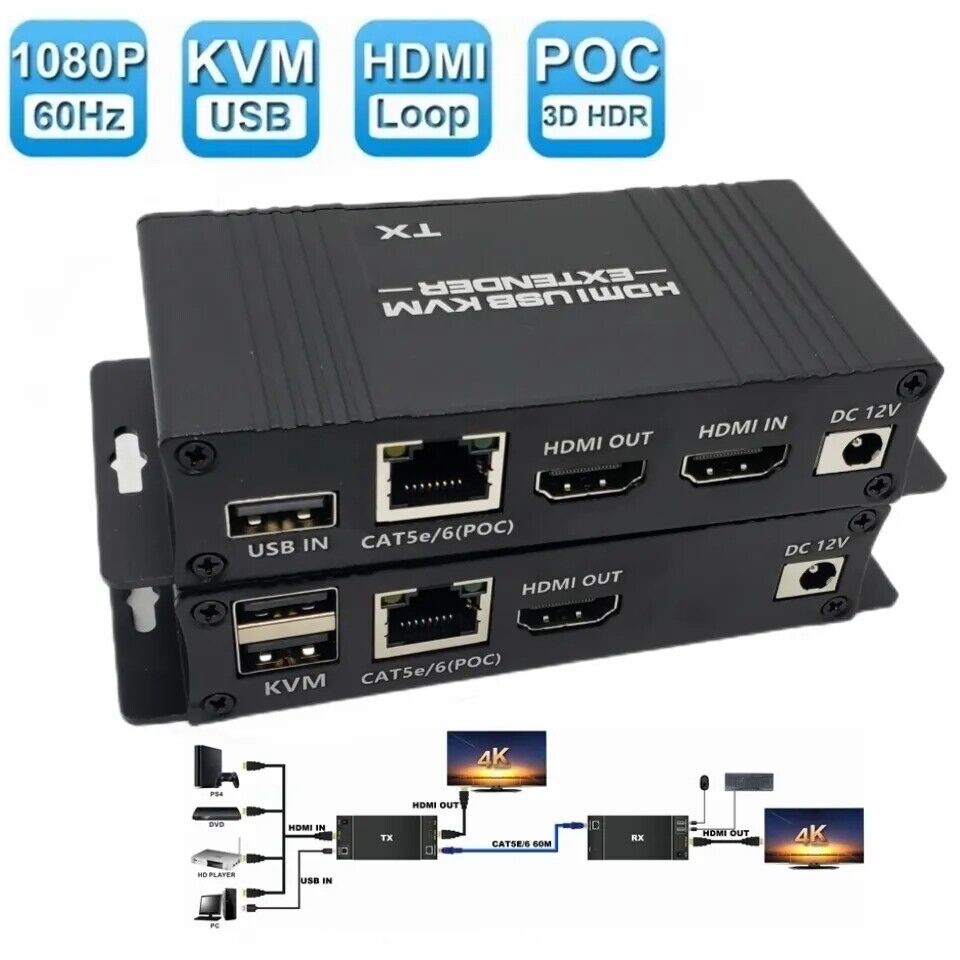 60M HDMI USB KVM Extender Splitter Loop POC Cable over Cat5e/6 Ethernet 1080P 