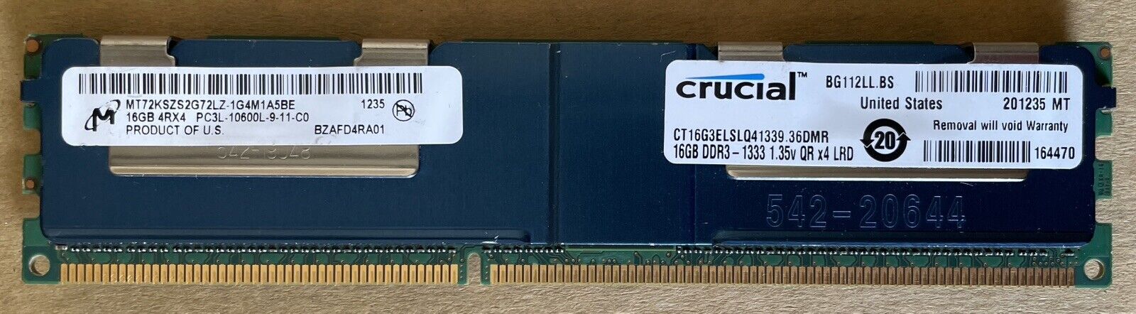 1x CRUCIAL / MICRON CT16G3ELSLQ41339 PC3L-10600L DDR3-1333 16GB ECC REG LRDIMM