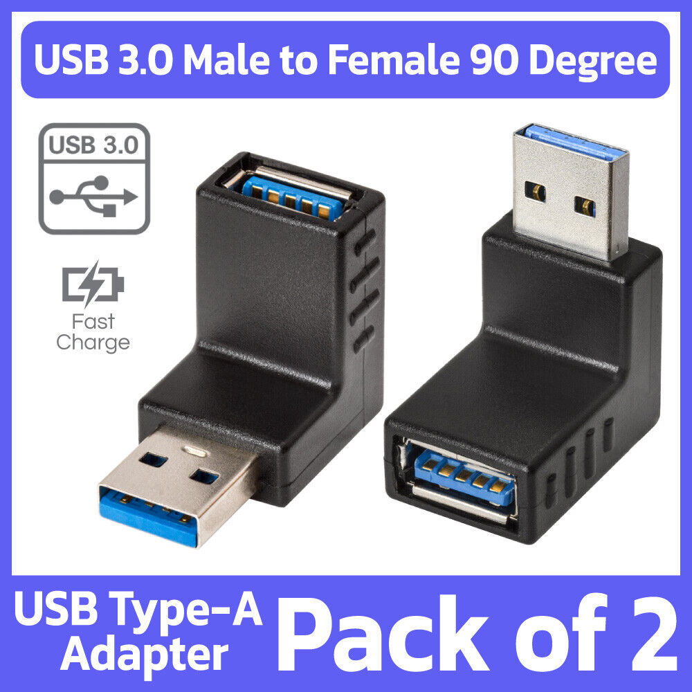 2 Pack USB 3.0 Adapter Type-A Right Angle USB Cable Extender 90 Degree Converter