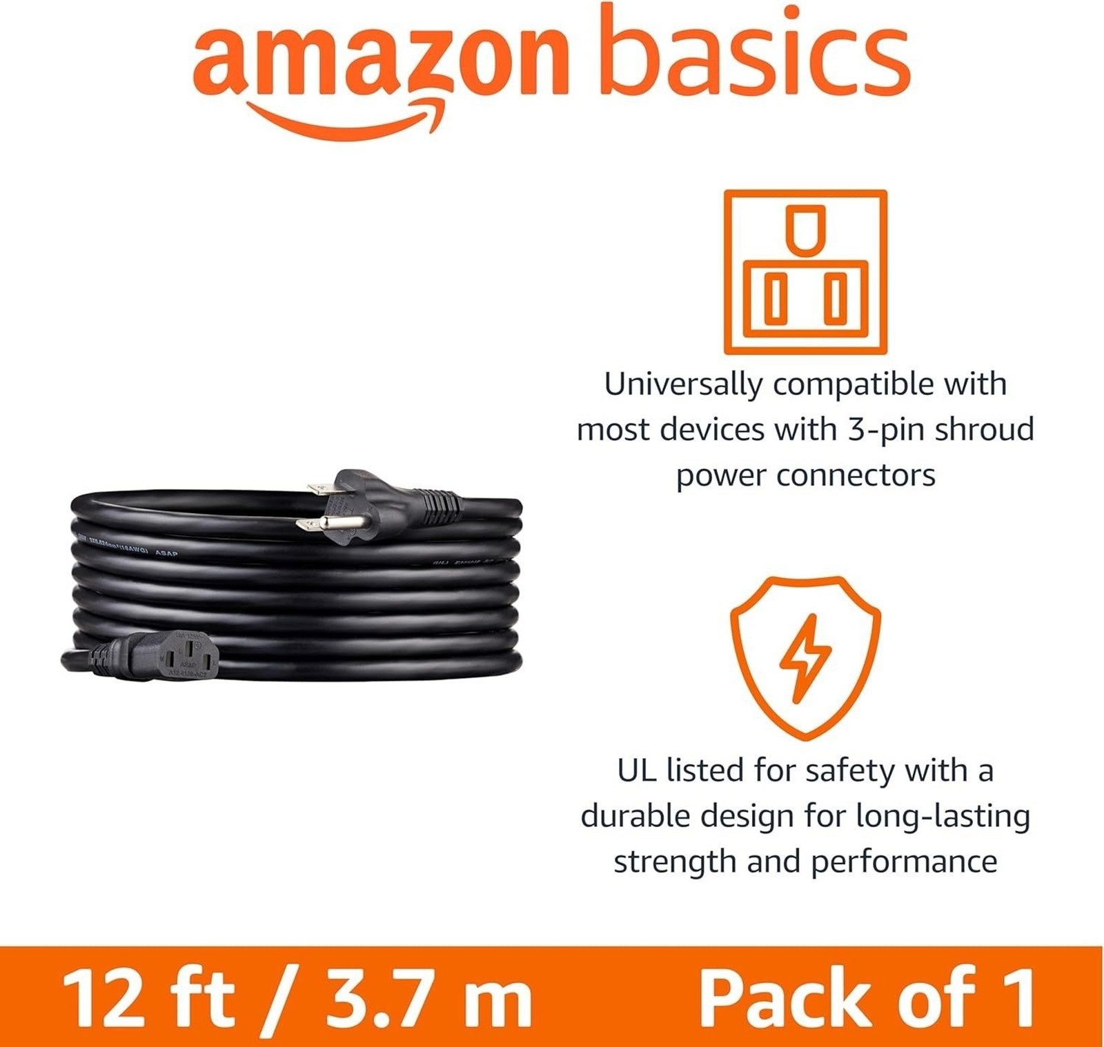 Amazon Basics Computer Power Cord 12ft Black 3 Prong PC Monitor Cable NEW Box