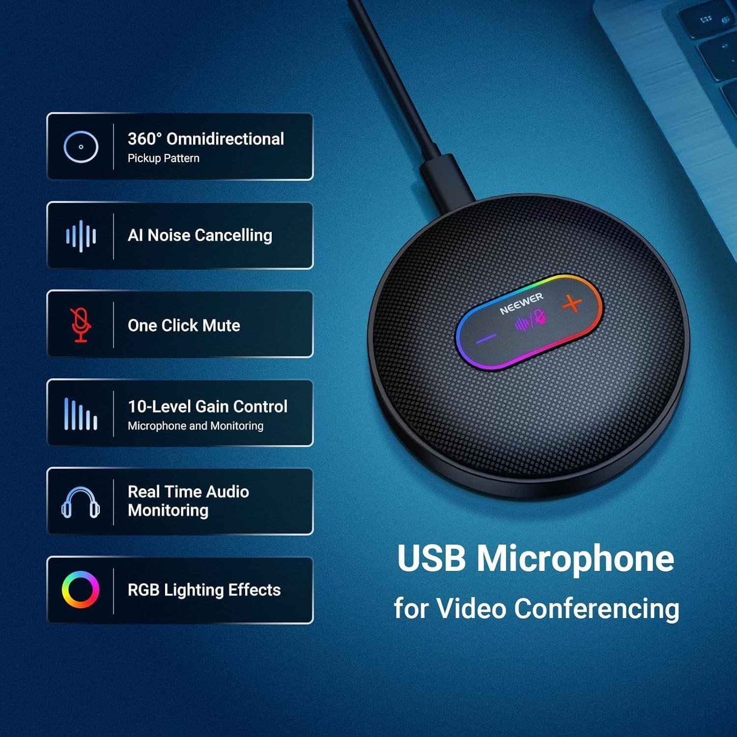 NEEWER UM04 USB Microphone, AI Cancelling Desktop Omnidirectional Condenser Mic