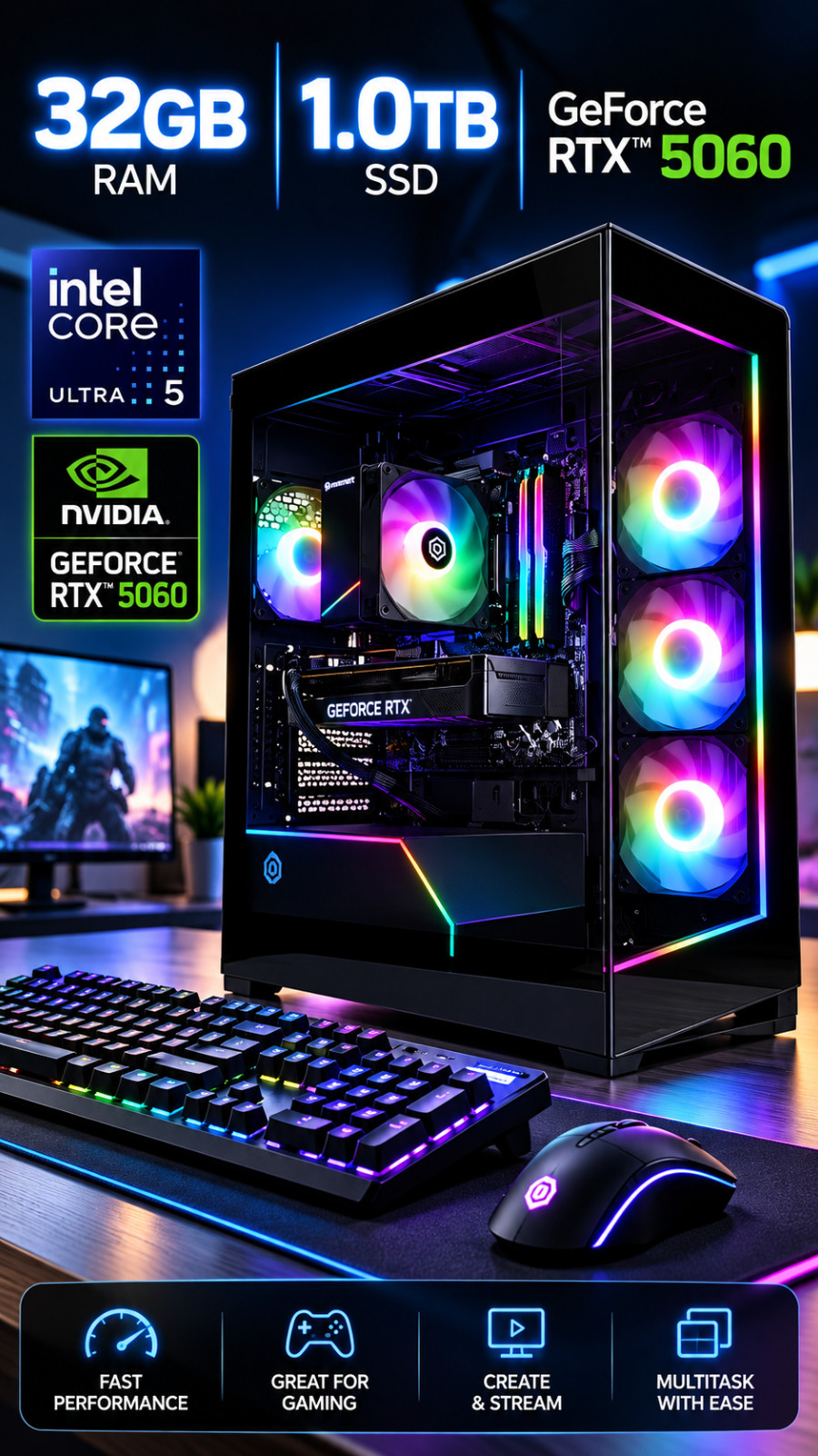 CyberPowerPC Gaming PC Intel Core Ultra 5 225F RTX 5060 32GB DDR5 1TB SSD WiFi 6