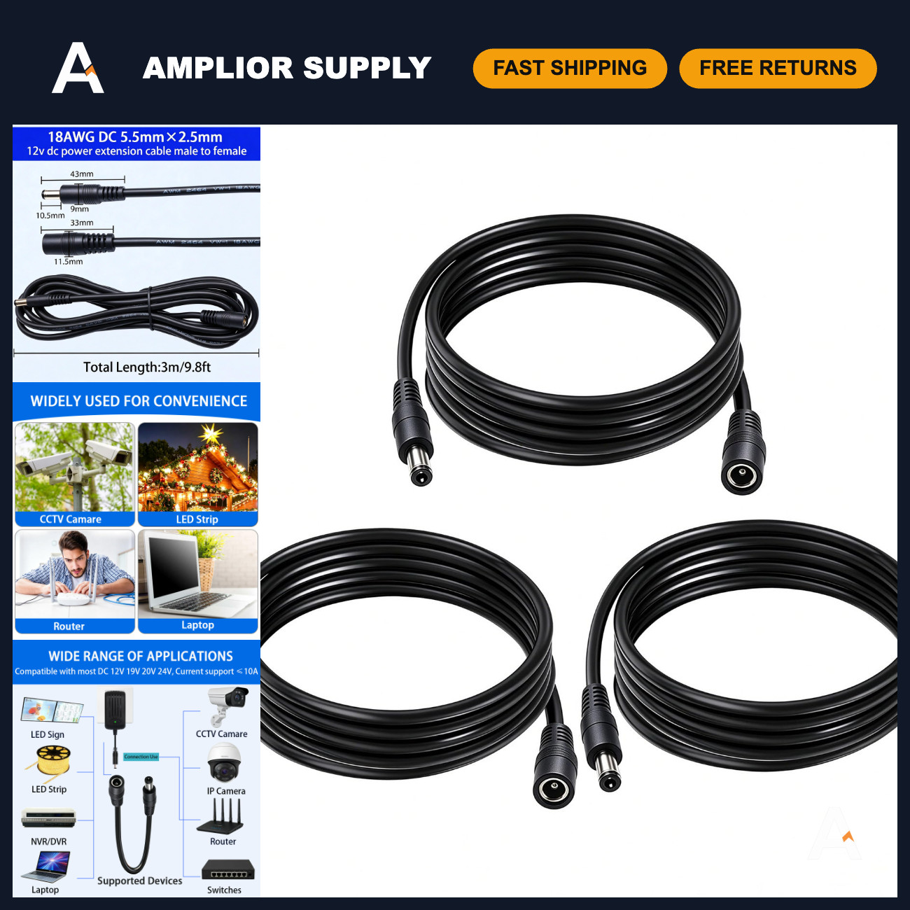 DC Power Extension Cable 5.5mm x 2.5mm, 9.8FT, 3-Pack, Durable & Flexible