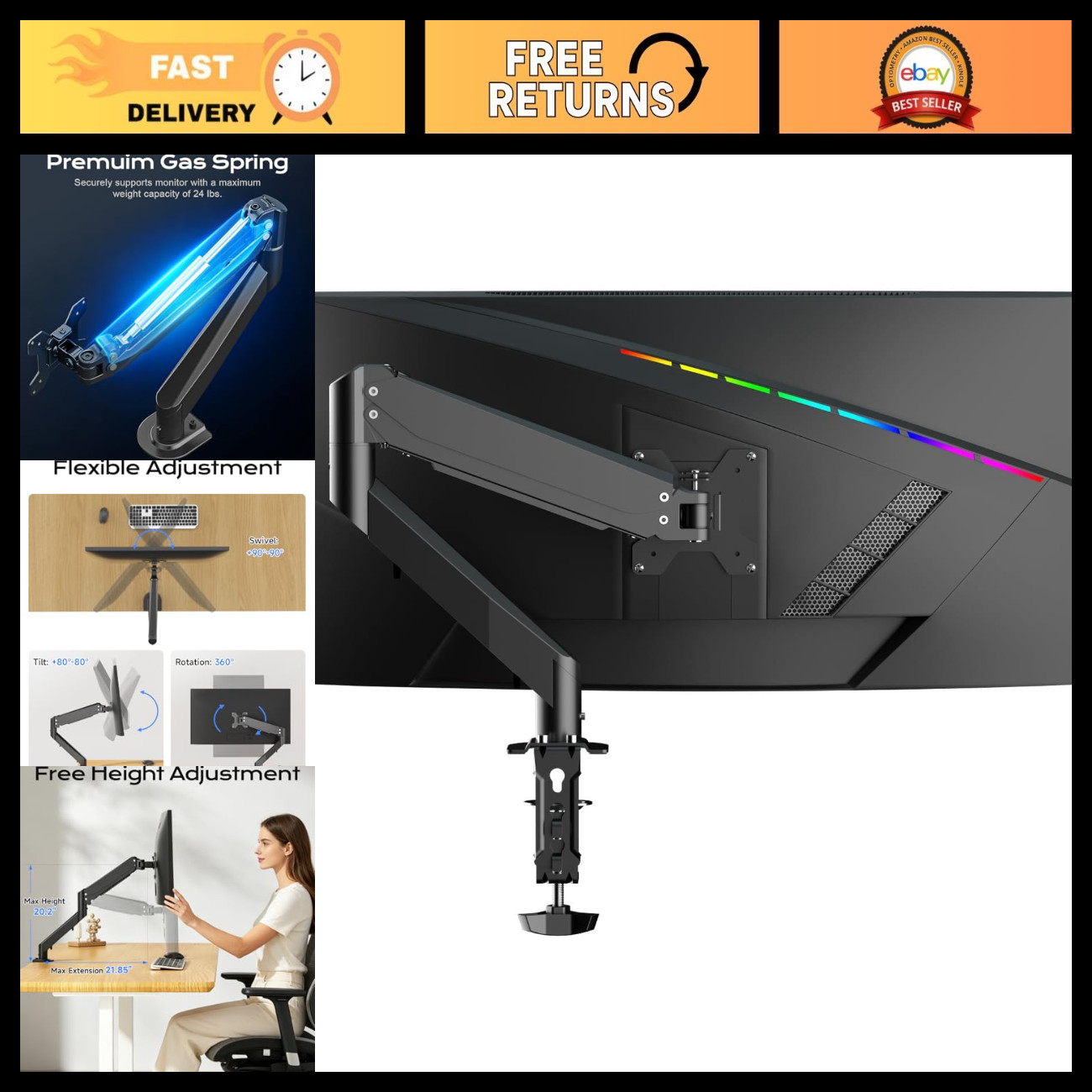Adjustable Monitor Mount for 17-35" Screens, Supports Up to 24lbs, Ergonomic Des