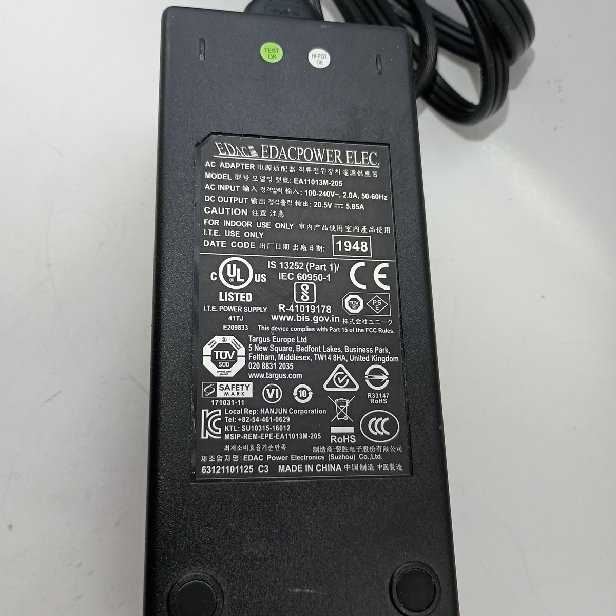 #F) Edac AC Adapter Power Supply 20.5V 5.85A EA11013M-205