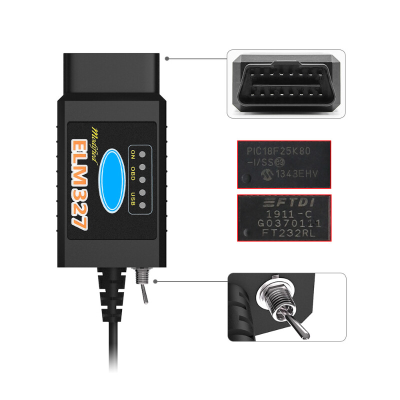 ELM327 USB 25K80 FT232RL For ford FoCCCus Cable Hidden with Switch Brush
