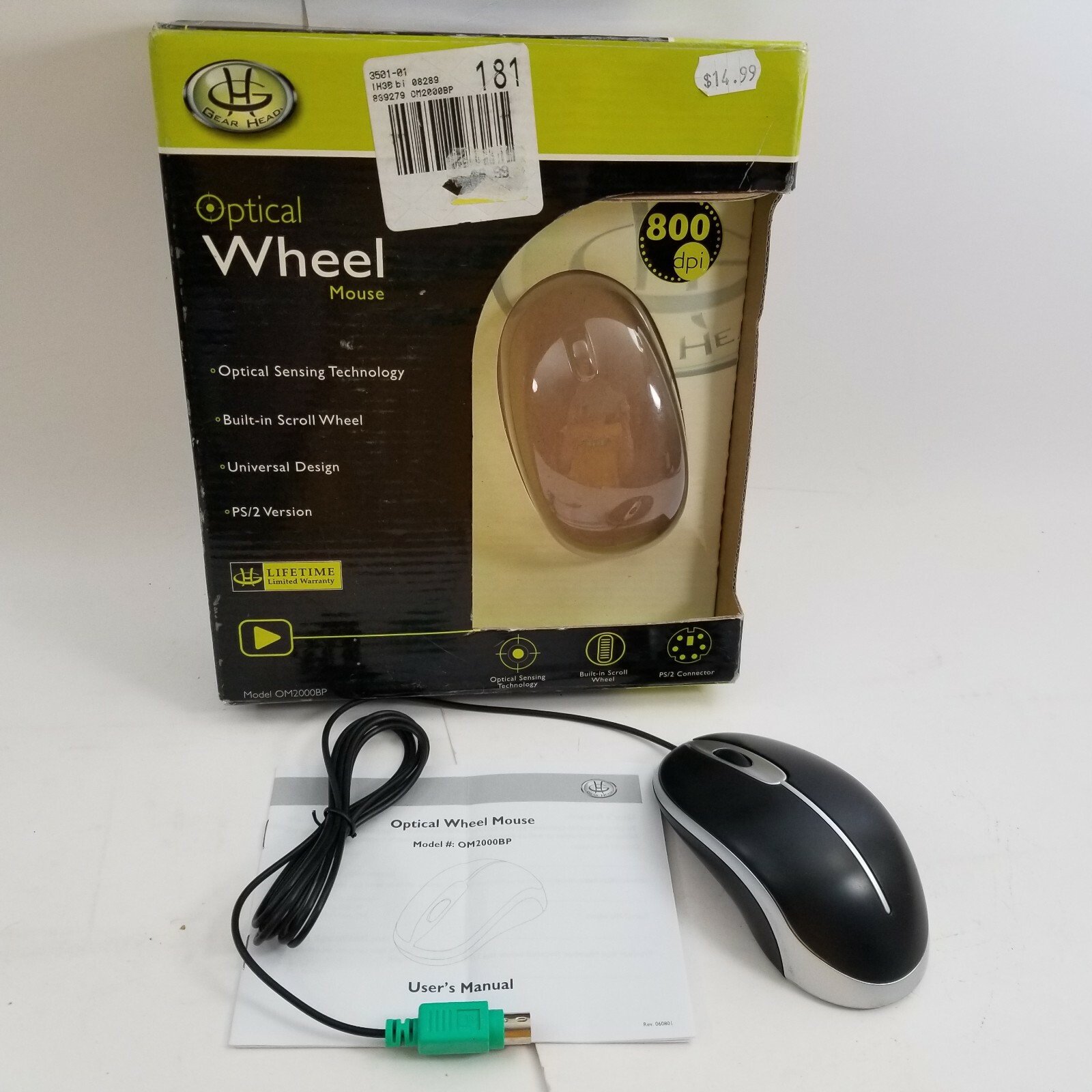 Gear Head Laser Scroll Mouse Built In Scroll Wheel Model PS/2 800 dpi