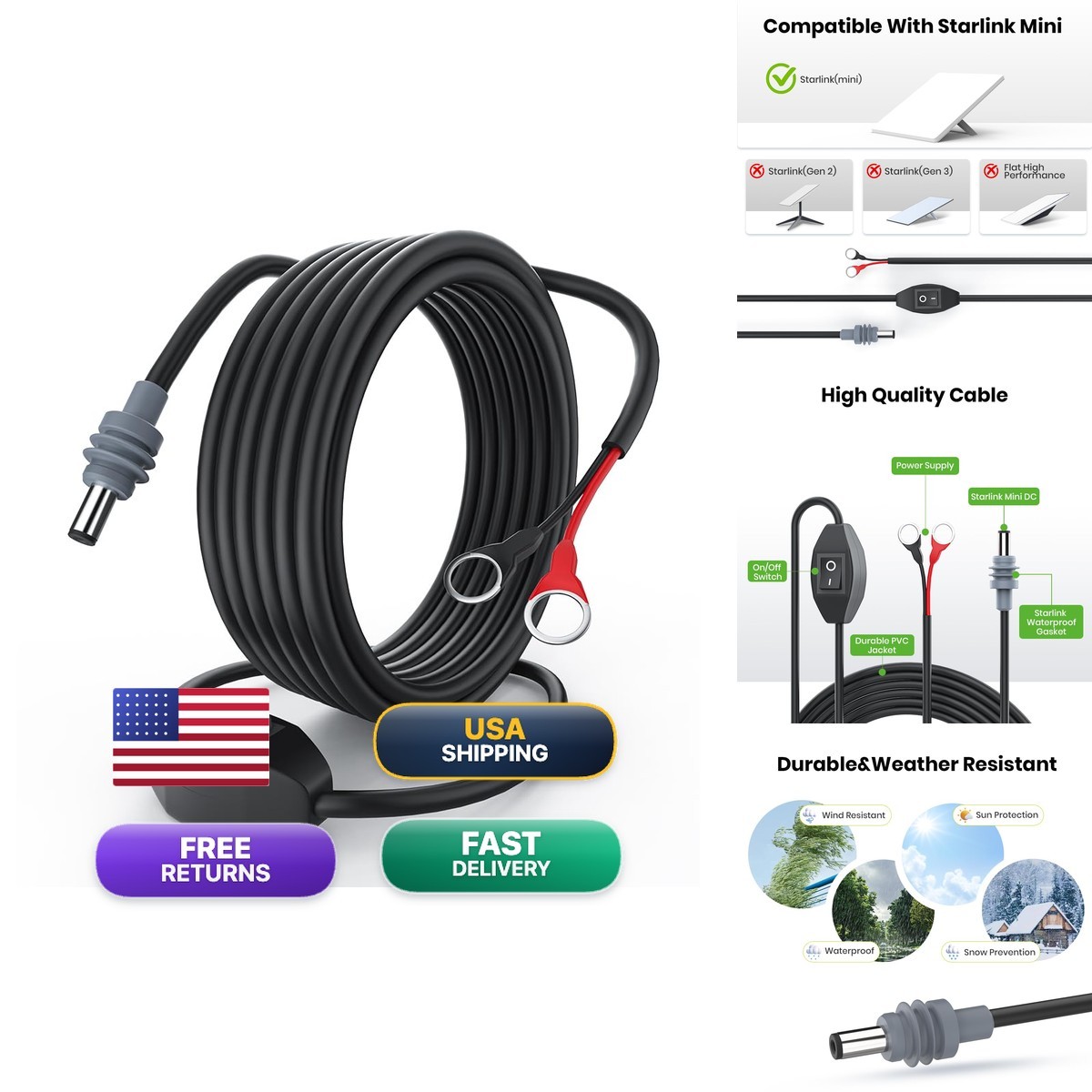 XTAR CB8 Starlink Mini O-Ring DC Charging Cable 3M/10FT with Switch