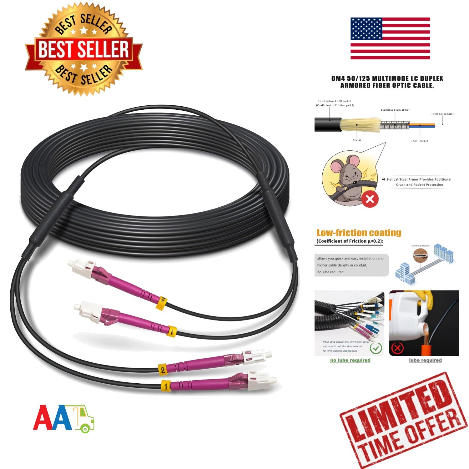 100ft OM4 Fiber Patch Cable LC LC Duplex Armored Multimode 10Gb