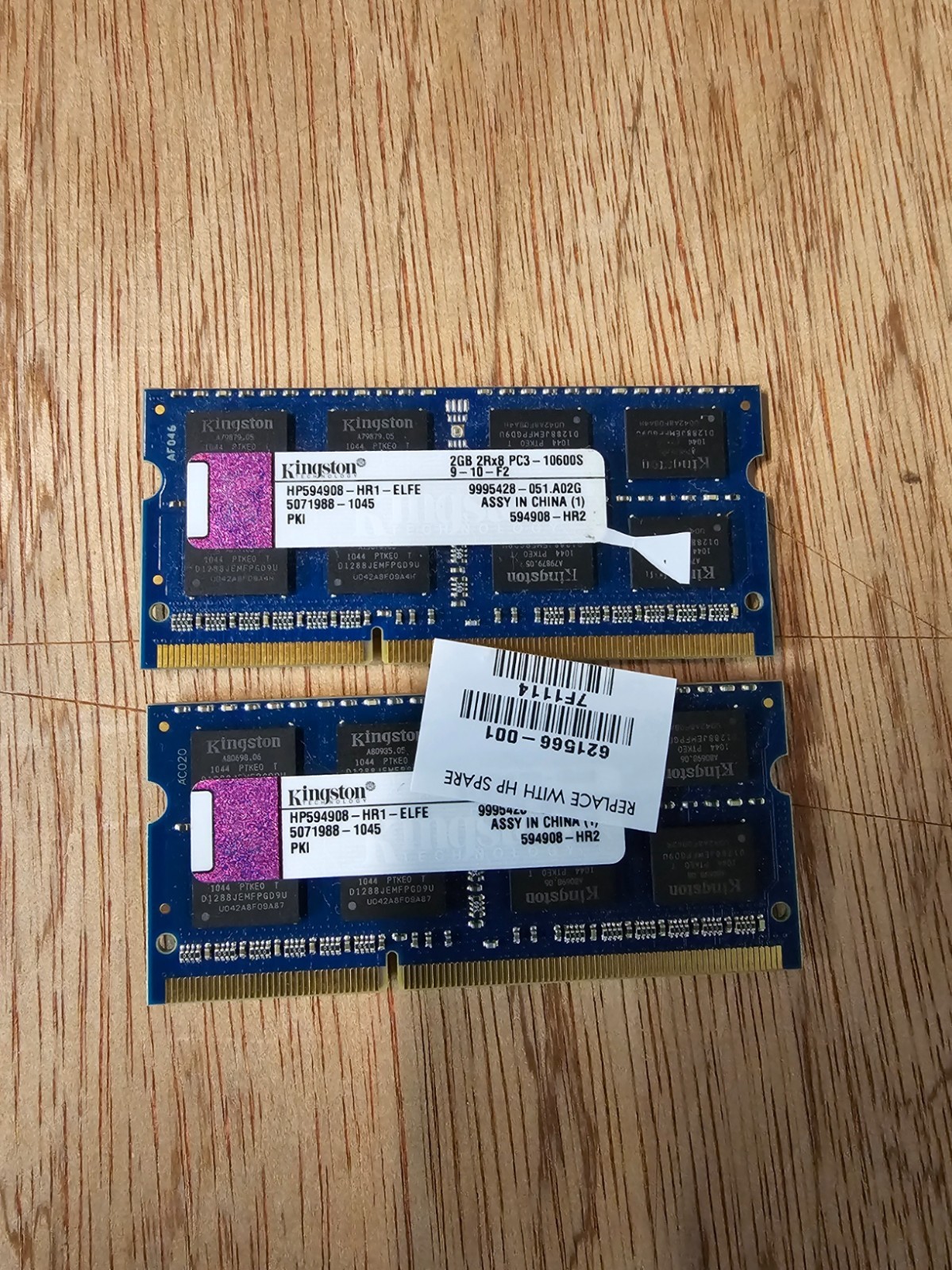 2x HP594908-HR1-ELFE KINGSTON LAPTOP MEMORY 2GB PC3-10600S