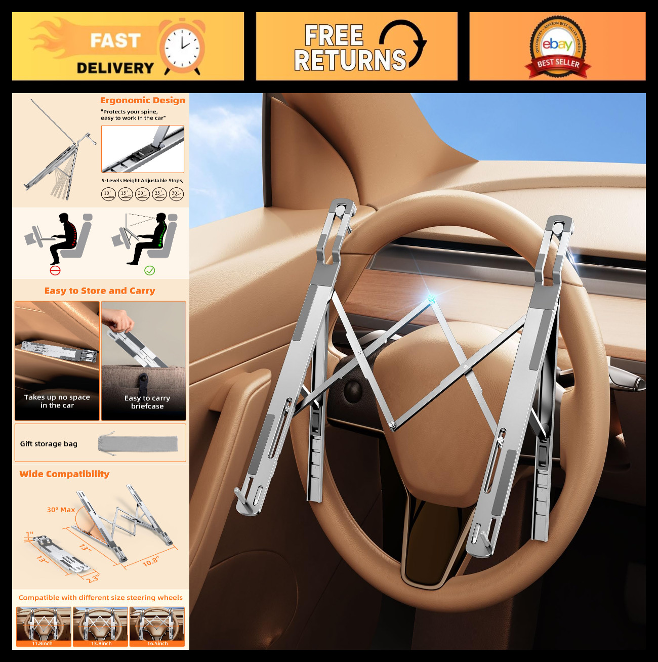 Adjustable Car Laptop Mount Steering Wheel Tray - Portable Desk for Work & Trave