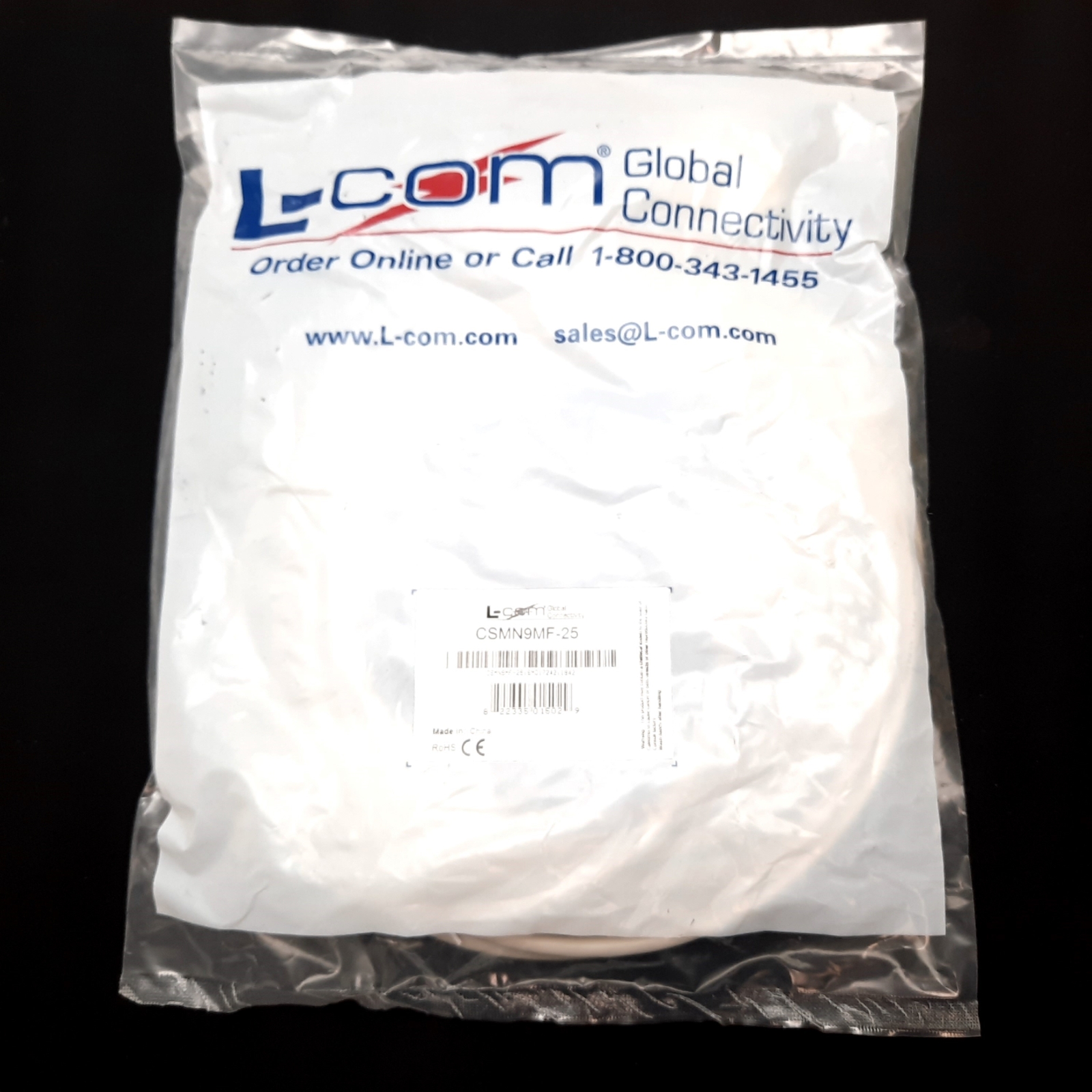L-Com CSMN9MF-25 D-Sub Cable, 9-Pin D-Sub Male to Female, Length: 25ft