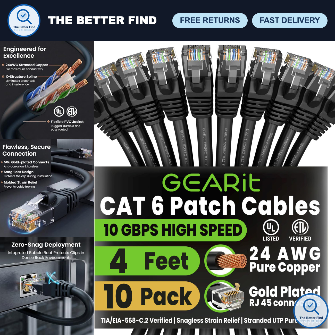 10-Pack Cat 6 Ethernet Cables 4ft - High-Speed Network Patch Cords, Black