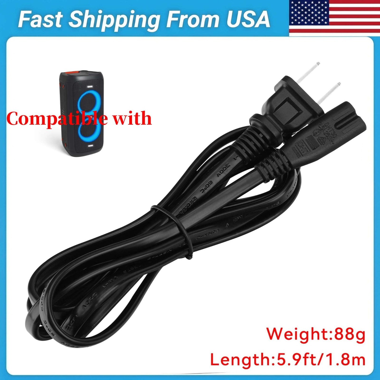UL Power Cord For JBL PartyBox 100 110 200 300 310 710 1000 On-The-Go Speaker