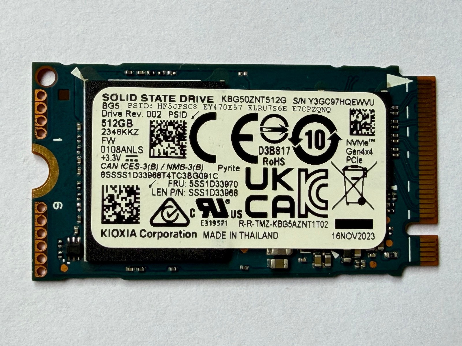 Kioxia BG5 512GB M.2 2242 NVMe PCIe Gen4 SSD KBG5AZNT512G Lenovo FRU 5SS1D33970