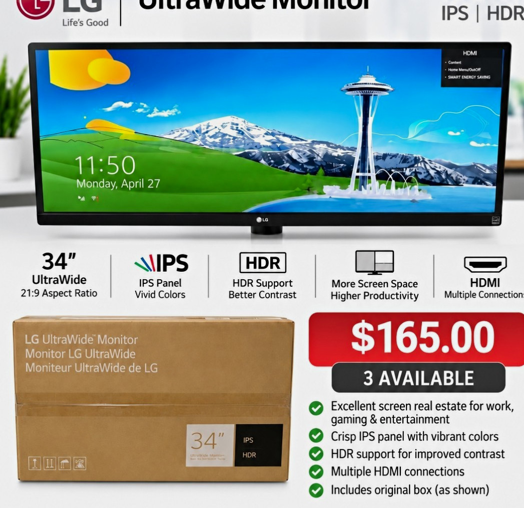 LG UltraWide Monitor 34in IPS 21:9 HDR HDMI Black
