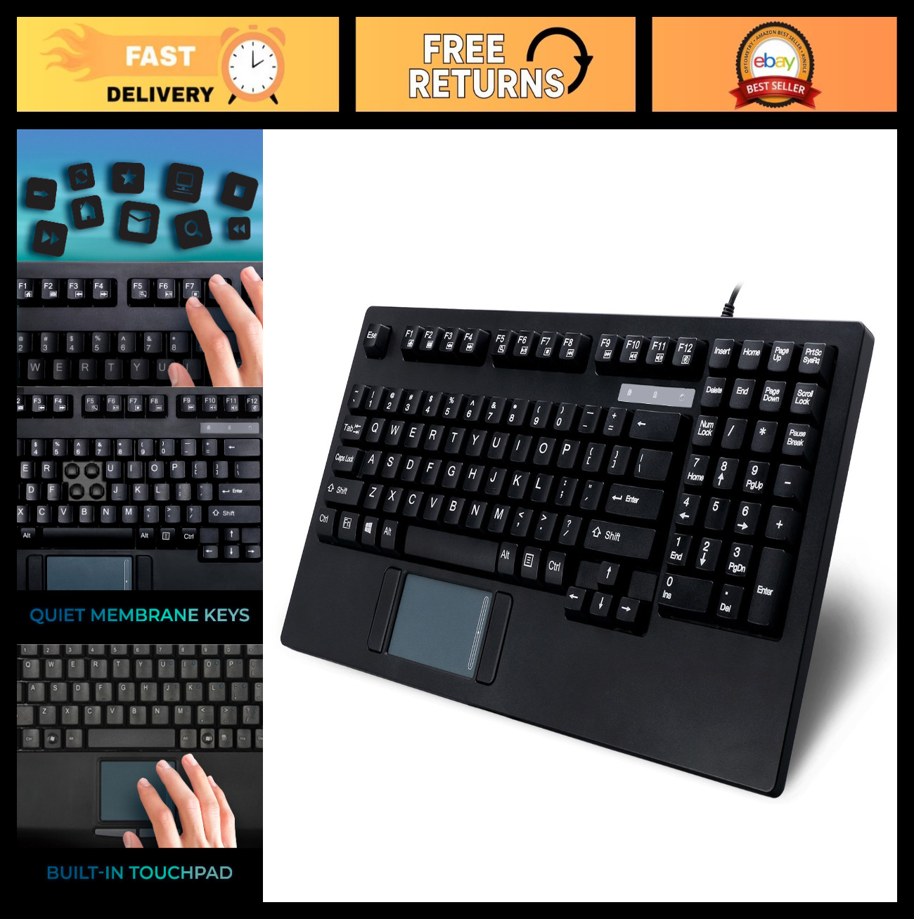 USB Touchpad Keyboard - Rackmount EasyTouch, Black, Compact Design, Ideal for Ho