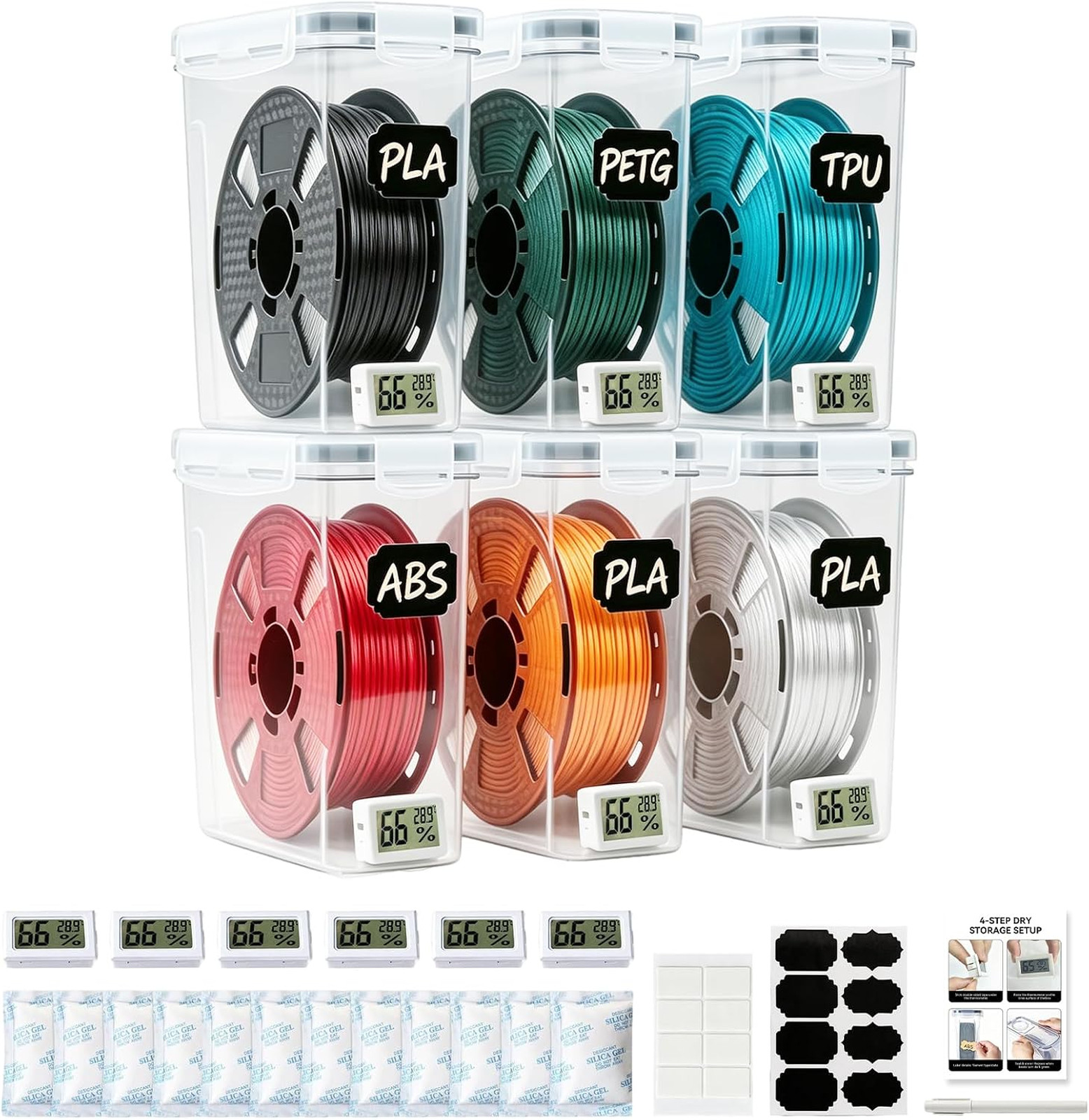 6 Pack Filament Storage Box with Temperature & Humidity Monitor, Airtight Dry