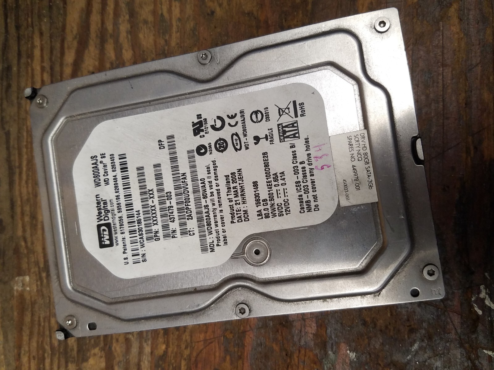 Western Digital Desktop Hard Drive 3.5 HDD SATA WD800AAJS-60WAA0 437479-003 80GB