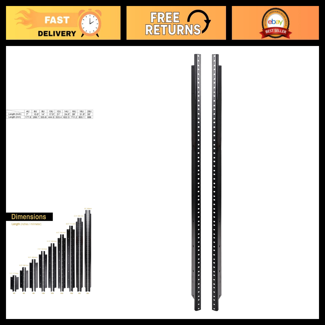 20U Steel Rack Rails - 2-Pack, Black Powder Coated, Includes Screws, Durable Sto