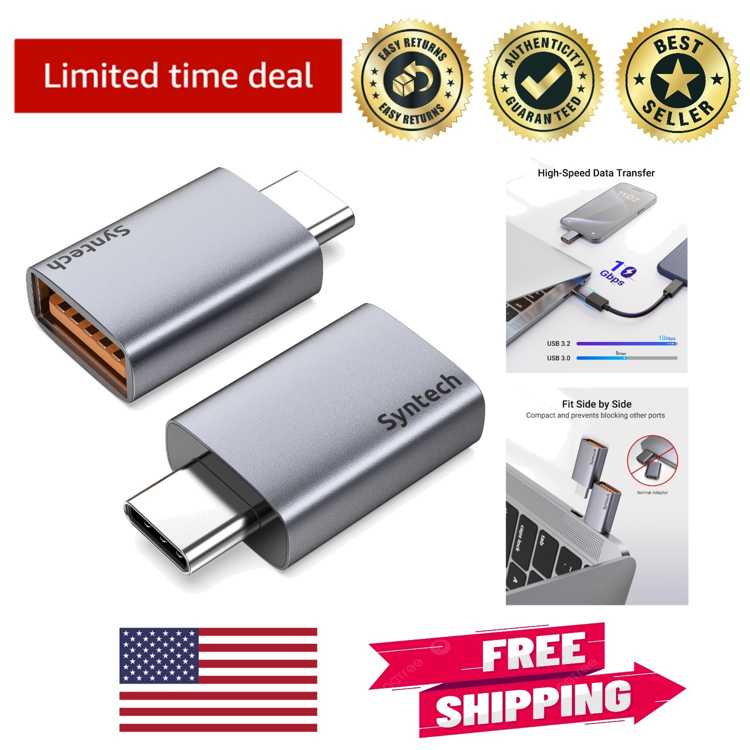 10Gbps USB C to USB 3.2 Adapter, Space Gray Aluminum - 2-Pack Convenient Set