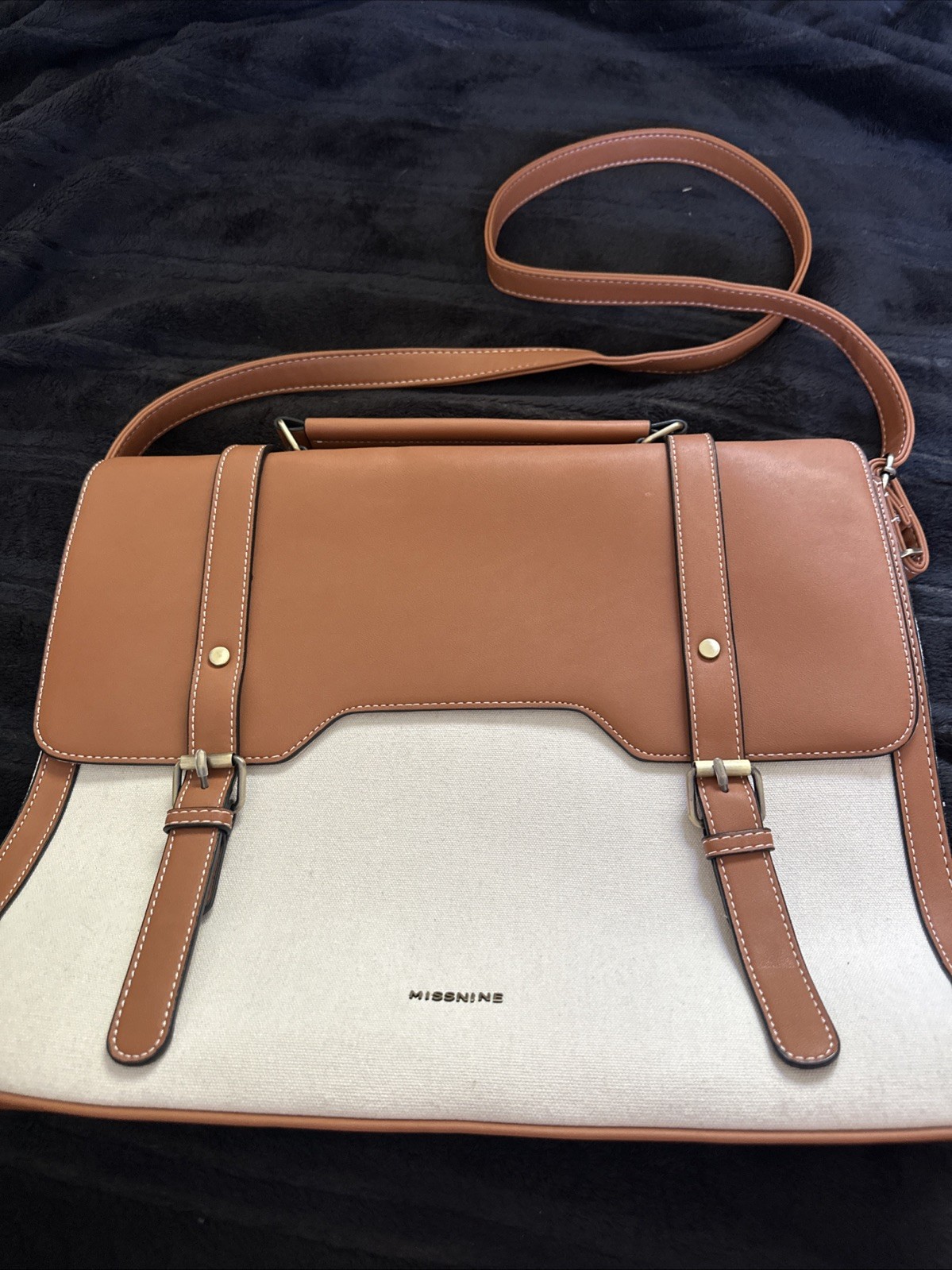Missnine Canvas Laptop Briefcase Bag Capacity, Shoulder Strap Tan/Brown