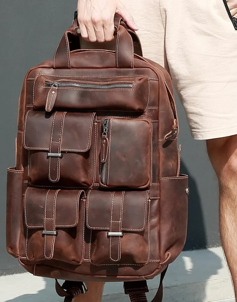 Vintage Leather Laptop Backpack Canvas Travel Work School Commuter Bag