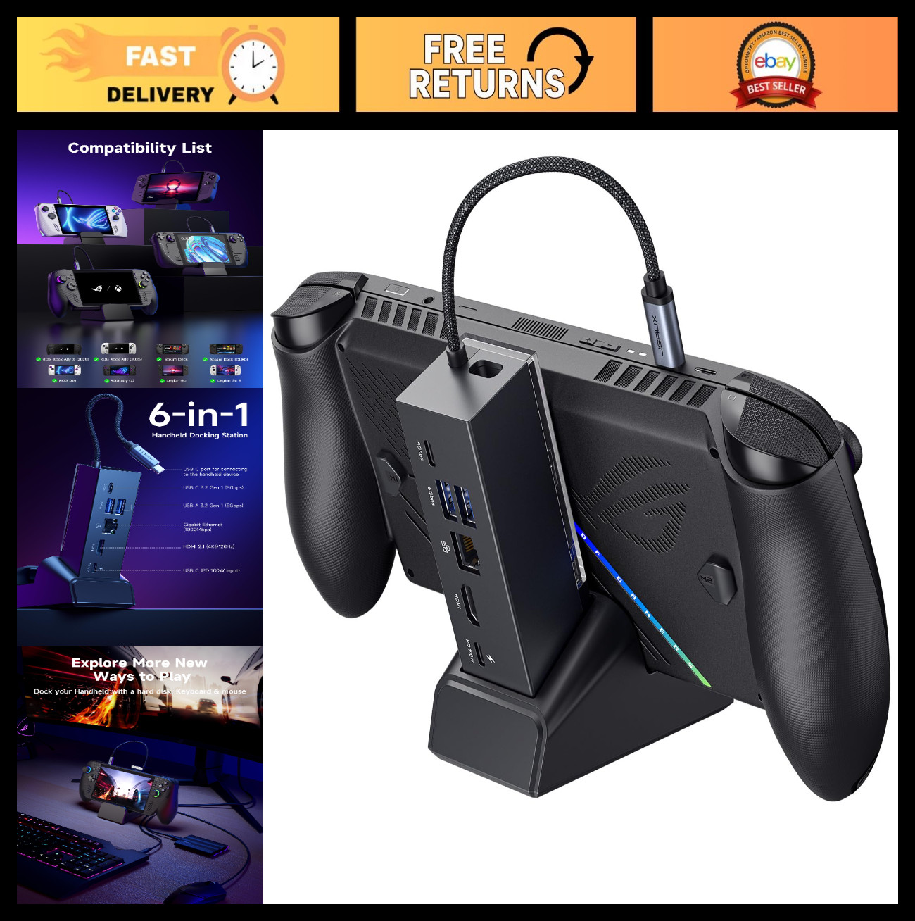 6-in-1 Docking Station for ROG Ally, Steam Deck, Legion Go - 4K HDMI, Gigabit Et