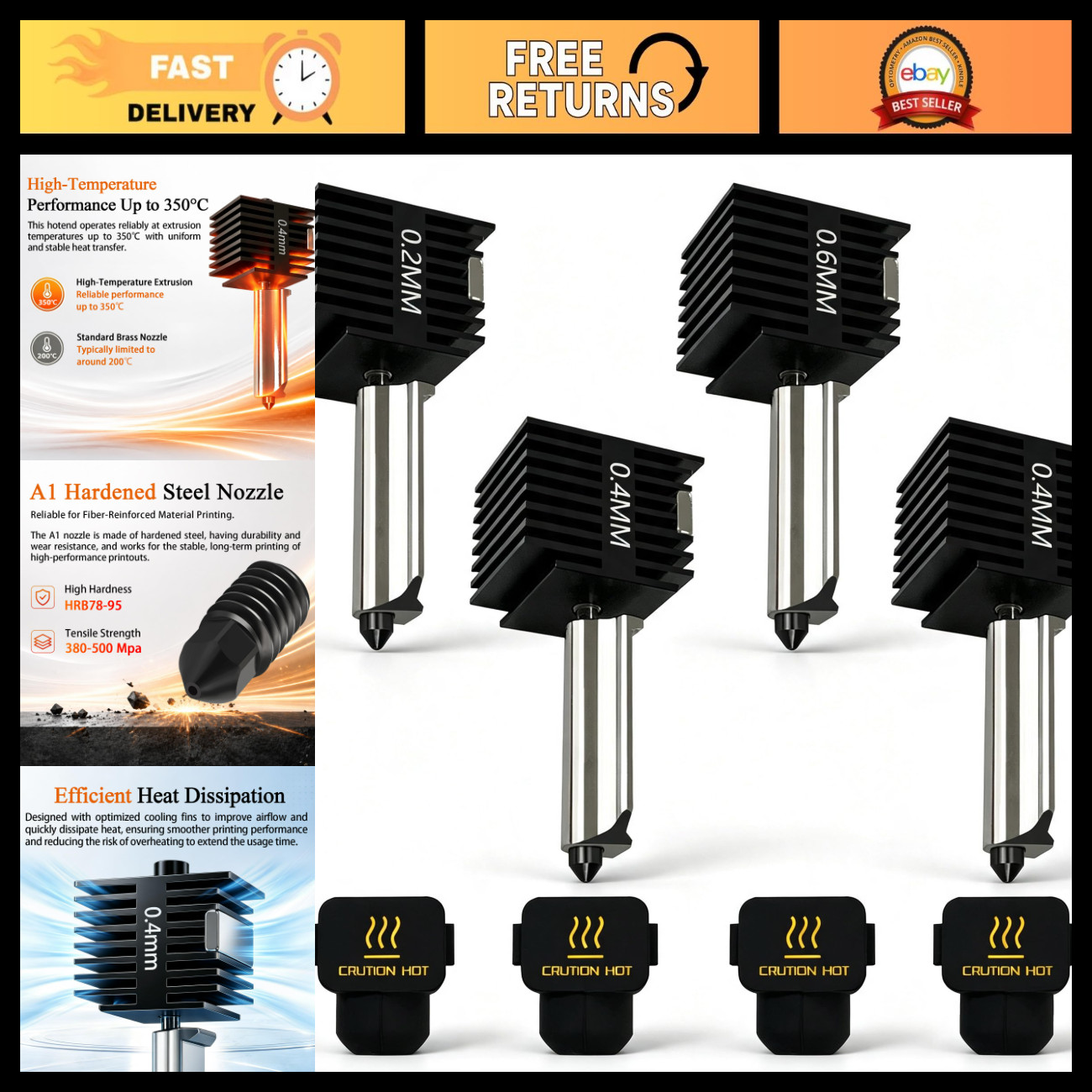 4-Pack Mini Hotend Kit 0.2/0.4/0.6mm for 3D Printers, A1/A2L Nozzle Upgrade