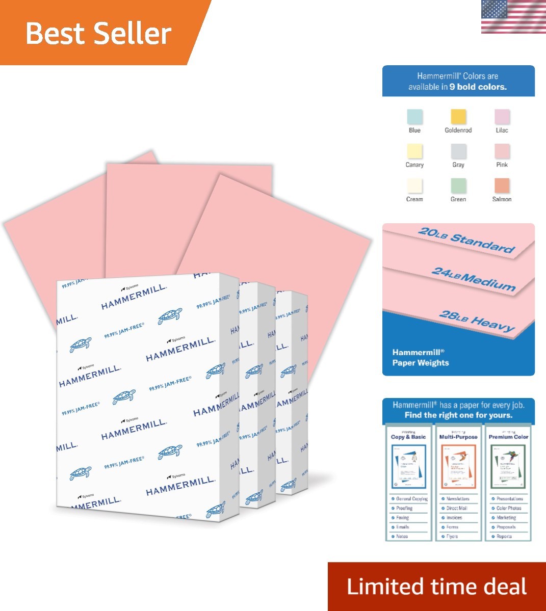 Versatile 20 lb Colored Printer Paper, Pastel Pink - 3 Ream Bundle, 1500 Sheets