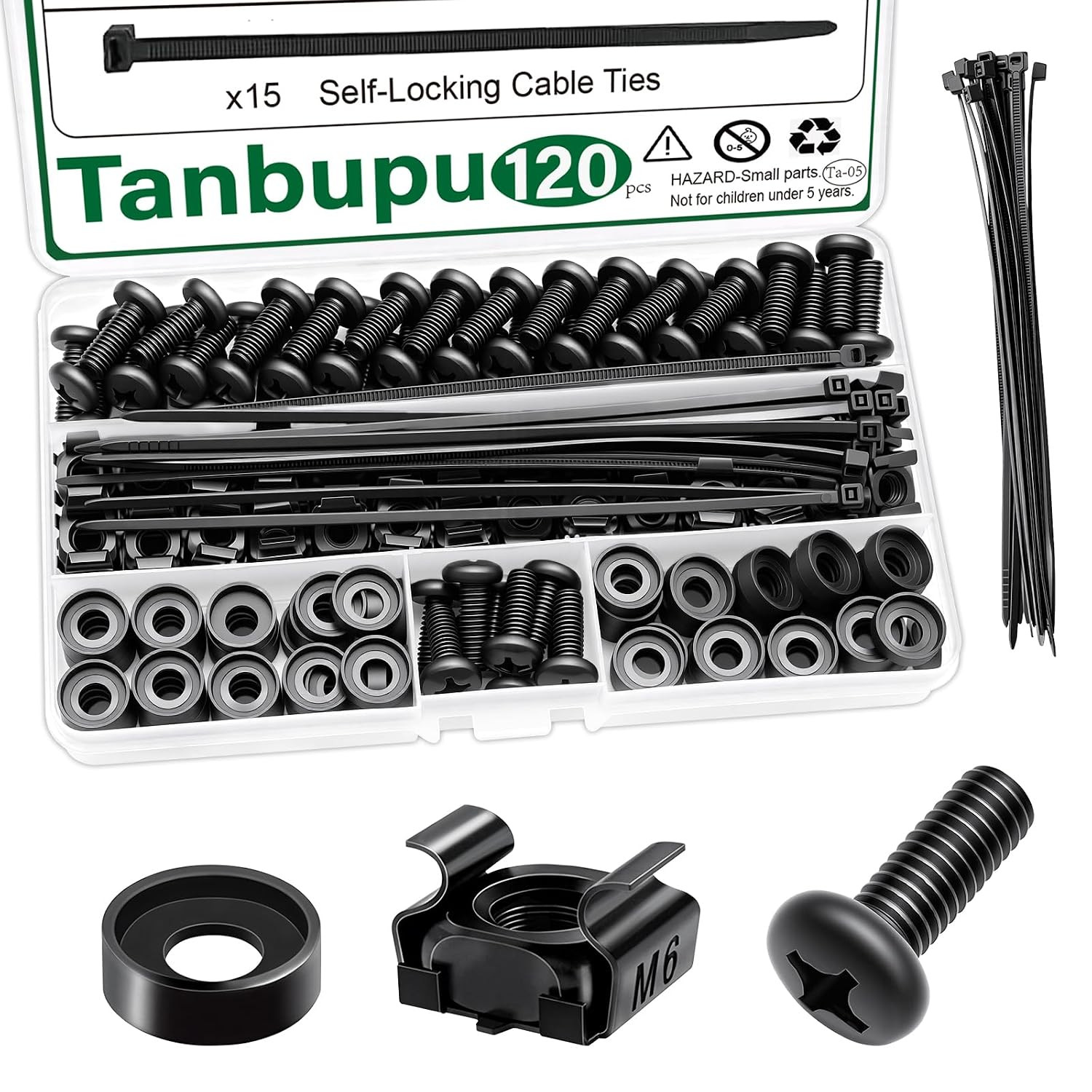 120Pcs M6 X 16Mm Rack Mount Cage Nuts, Screws, Washers and Self-Locking Cable Ti