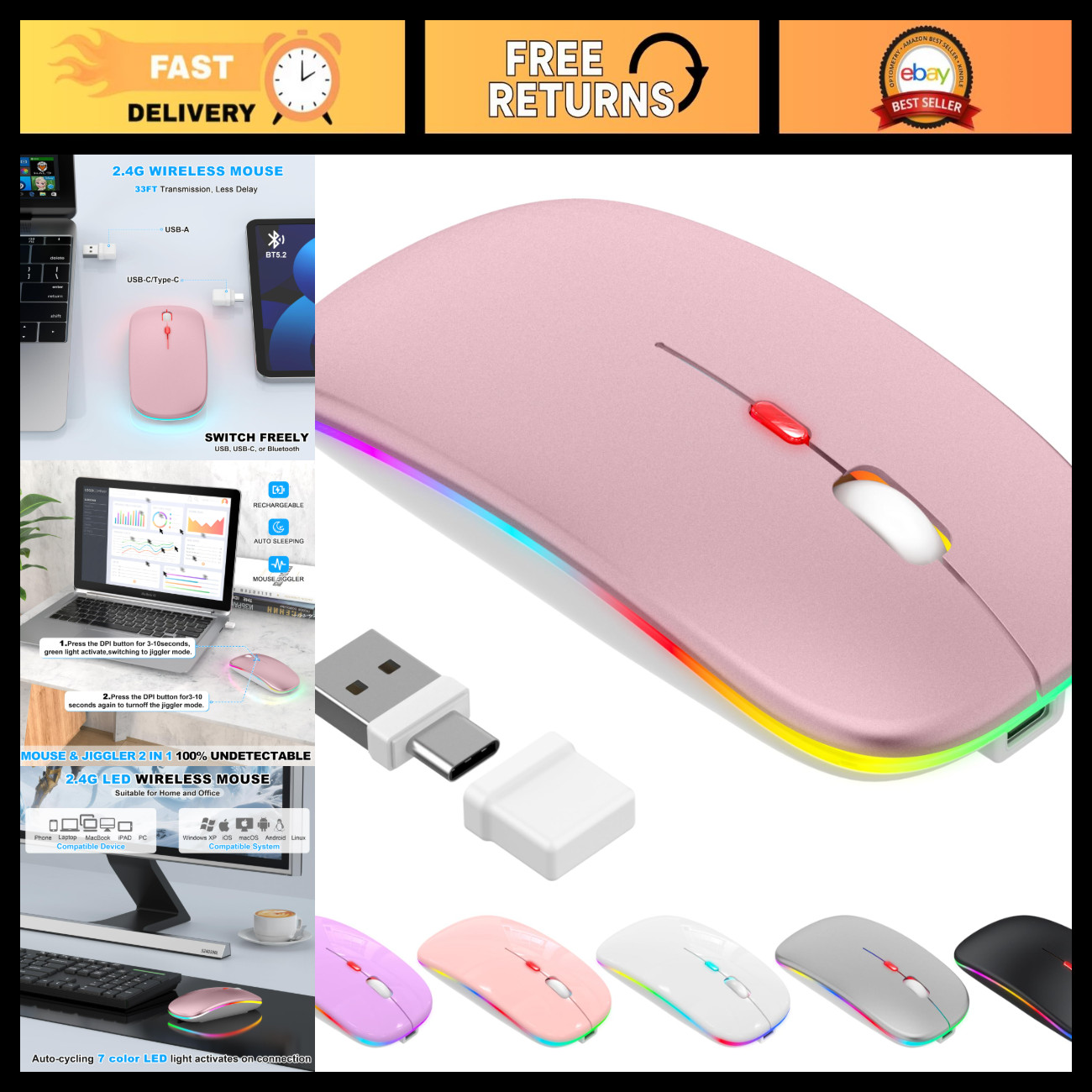 Wireless LED Bluetooth Mouse for MacBook Air Pro iPad - Rose Gold, Stylish & Erg