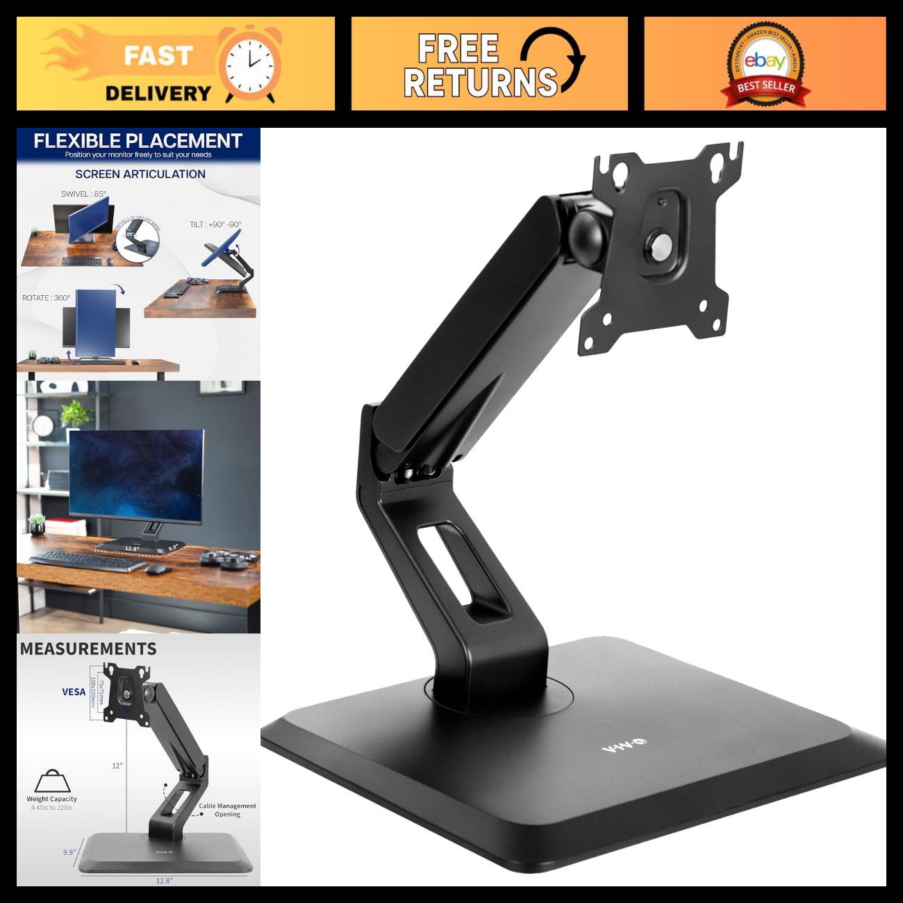 Premium Adjustable Monitor Desk Stand for 17-32" Screens, VESA, Rotating Base, B