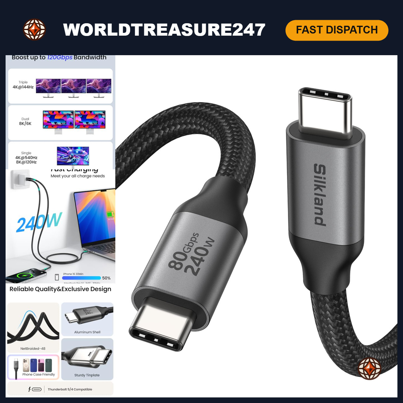 10FT USB 4 Thunderbolt 5 Cable, 80Gbps Data Transfer, 240W Power Delivery, High-