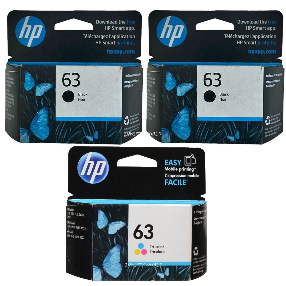 3pcs HP 63 Combo Ink Cartridges 2 Black & 1 Color Genuine