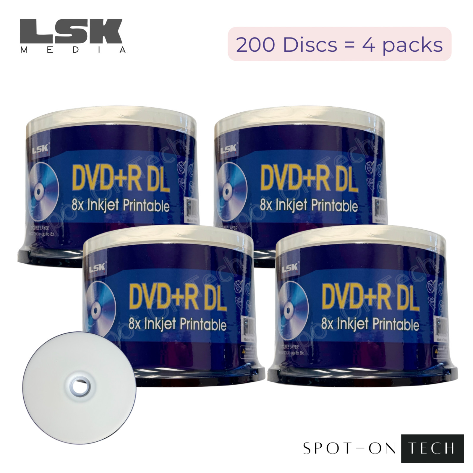 200 LSK DVD DVD+R DL 8x Dual Double Layer White Inkjet print 8.5GB 240Min Dup hp