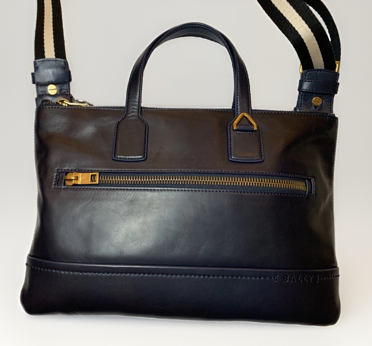 Bally Skinny Leather Computer Bag Navy Blue With Adjustable Shoulder Strap