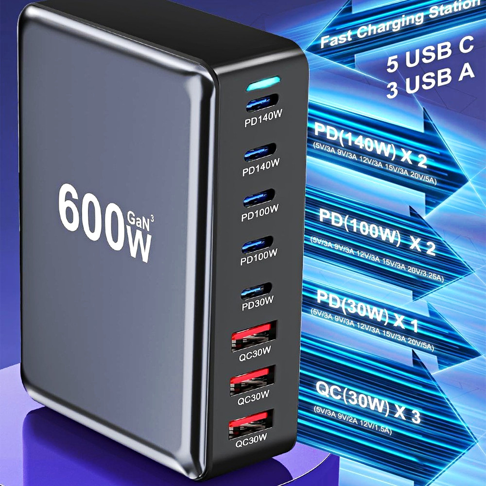 600W GaN Fast Charge Desktop Charging Station 1:8 USB-C/USB-A Black/Gray