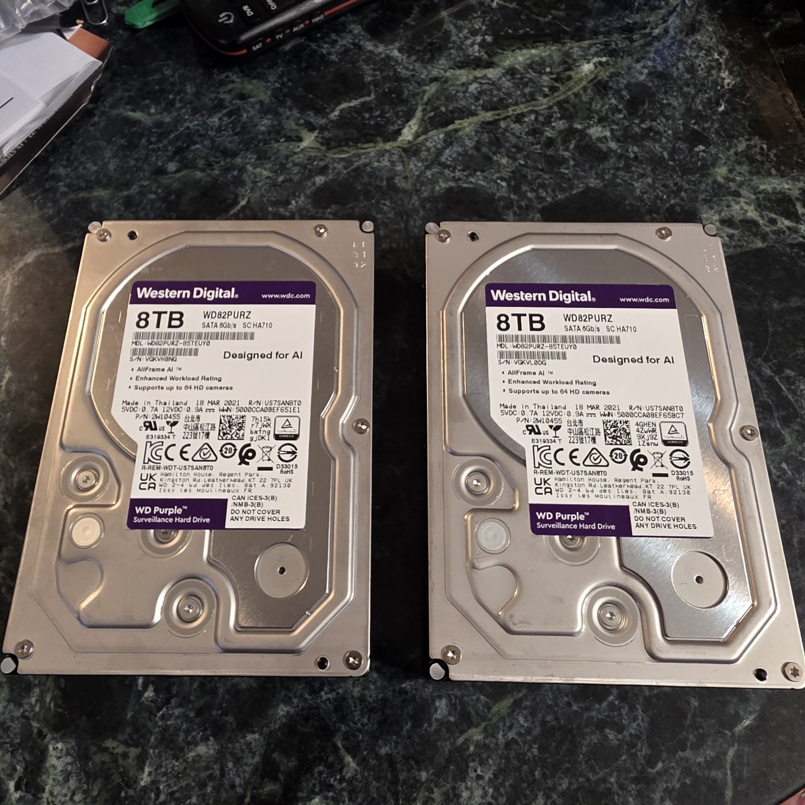 WESTERN DIGITAL PURPLE 8TB HARD DRIVES. LOT OF 2, READ FULL DESCRIPTION PLEASE.
