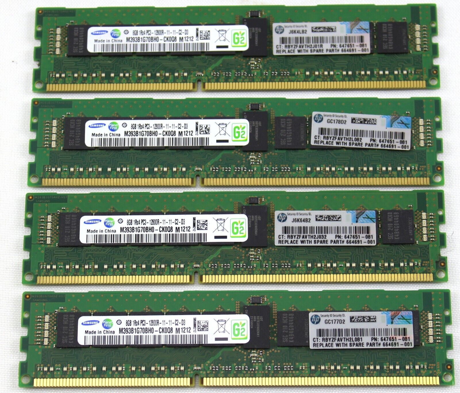 Lot of 16 Samsung 8GB 1RX4 PC3-12800R ECC Server RAM Memory - HP P/N 647651-081