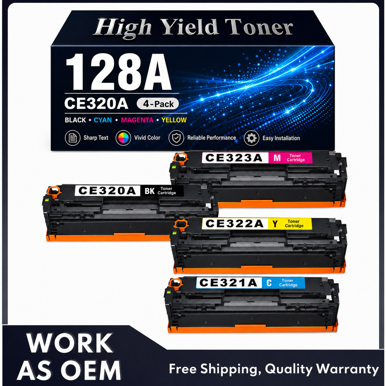 128A Toner 4PK Compatible for  CE320A CE321A CM1415fn CP1528nw High Yield