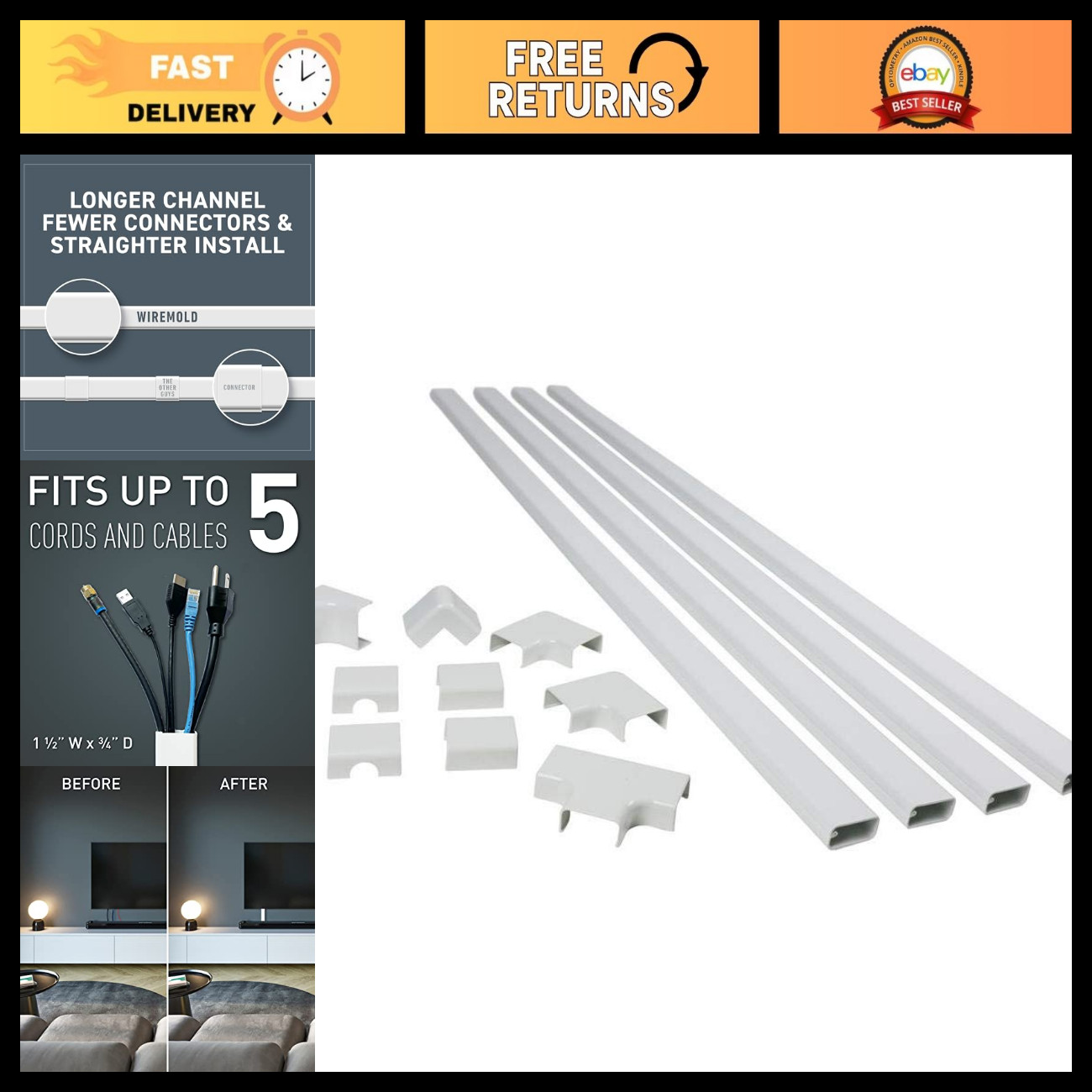 10ft Cord Cover Kit - Wall Cable Organizer, Holds 5 Cords, White, 11 Pieces