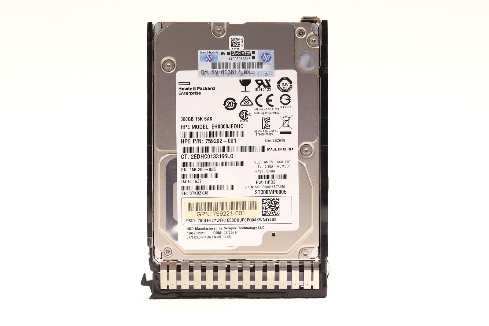 HPE EH0300JEDHC 300GB 2.5" 12Gb/s 15K RPM SAS HDD W/Caddy P/N: 759221-001