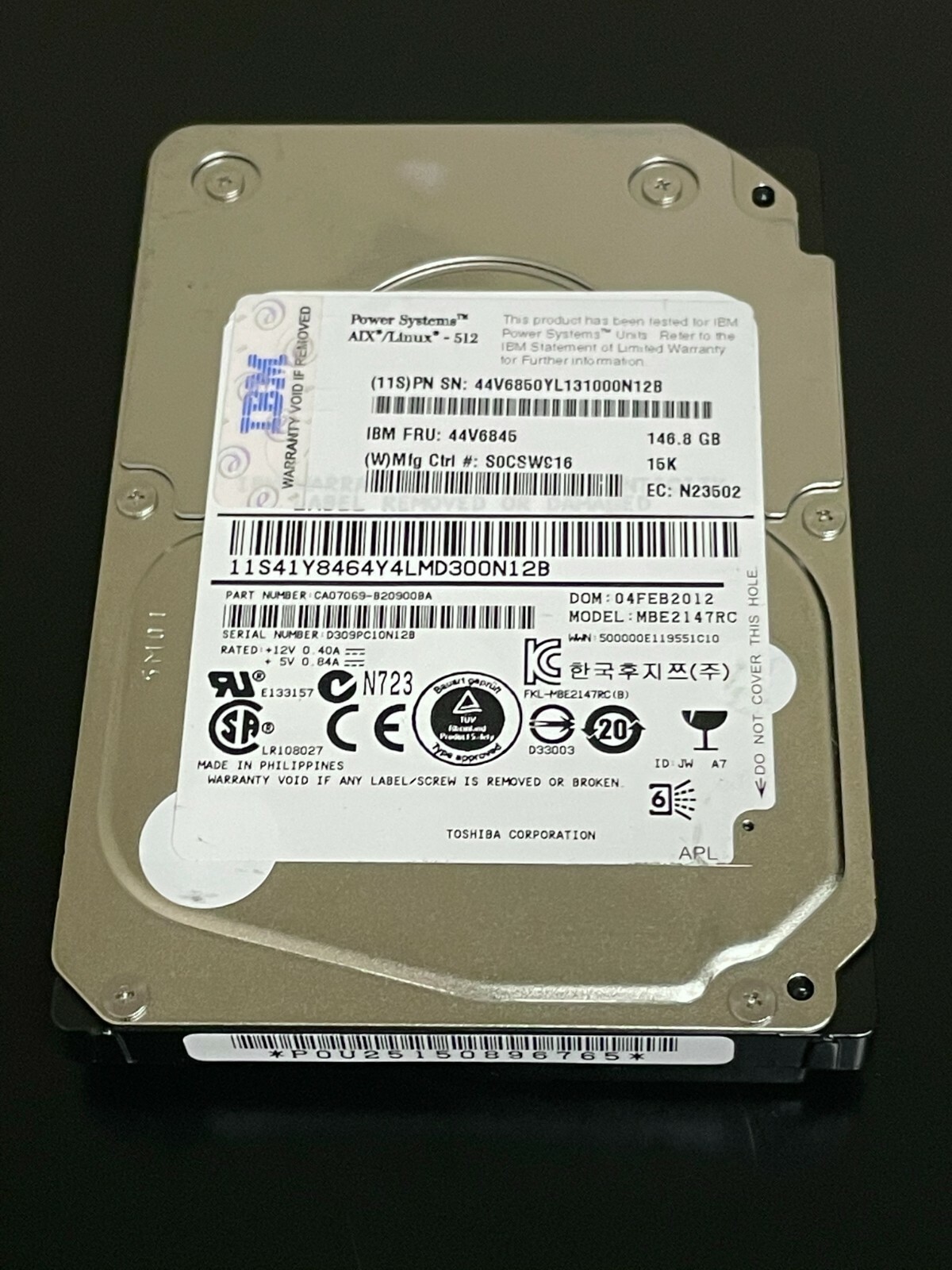44V6845 IBM 146GB 15K RPM 2.5" SFF SAS HARD DRIVE W/O Tray