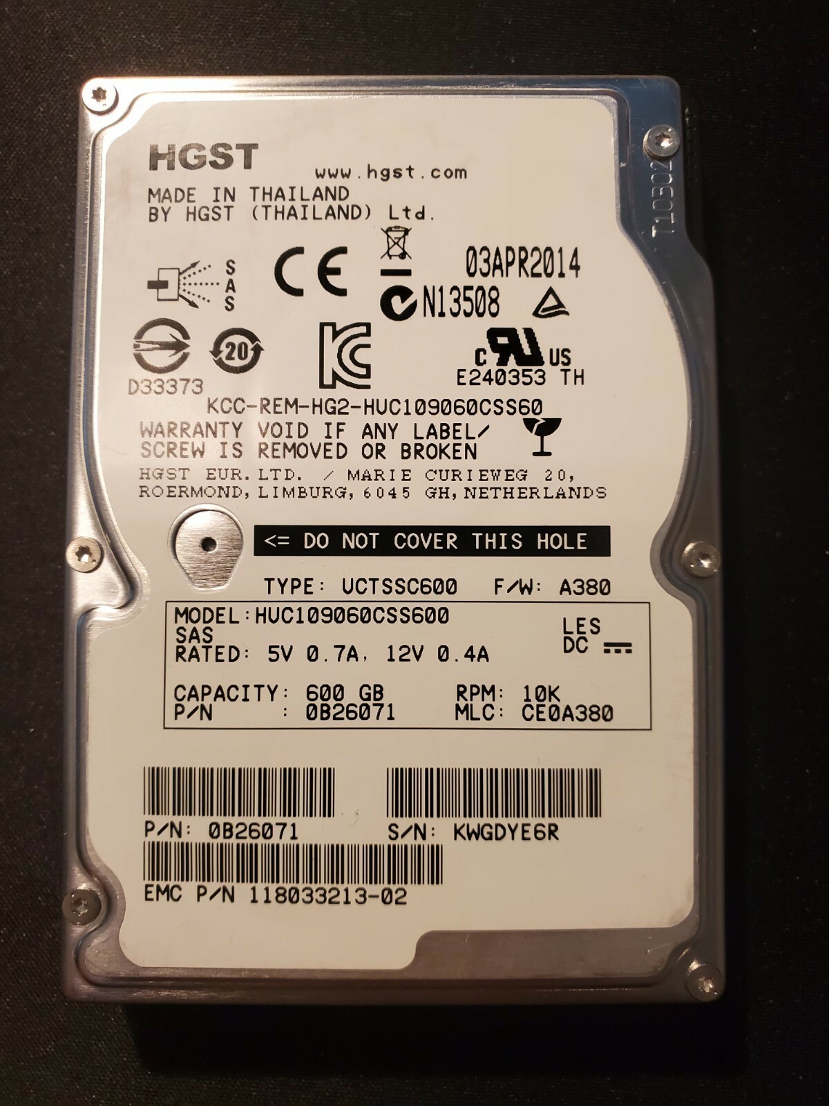 EMC 118033213-02 600GB 10K RPM SAS 6G 2.5" HDD HGST HUC109060CSS600