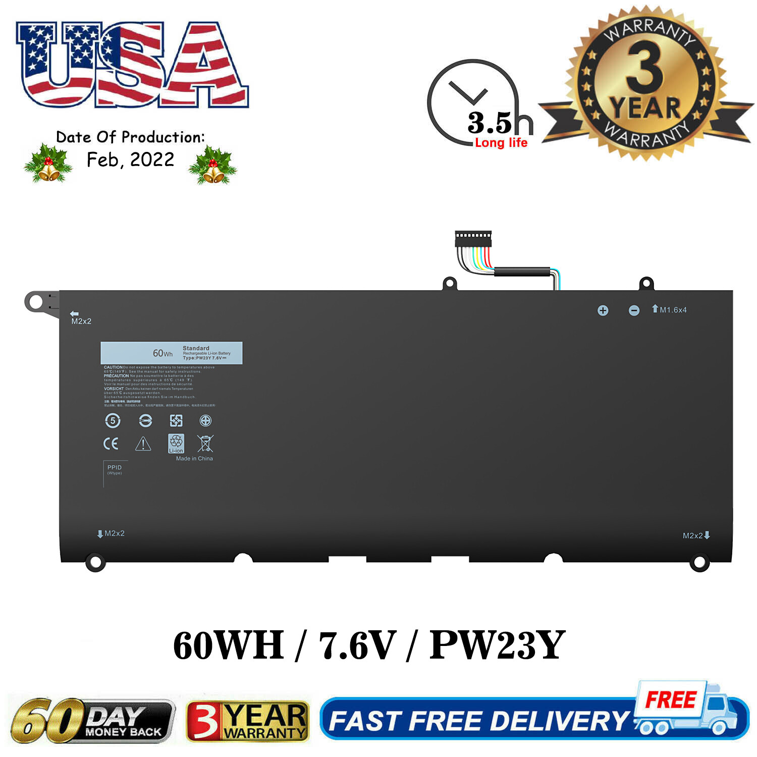 For Dell XPS 13 9360 D3705S D1605G D1609G 7.6V-60Wh Battery PW23Y RNP72 TP1GT US
